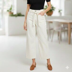 White Paperbag Belted Wide Leg Cropped Denim Jeans